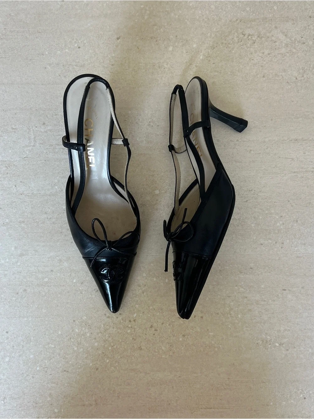 Vintage CHANEL Black Patent Leather Pointed Toe Slingback Heels